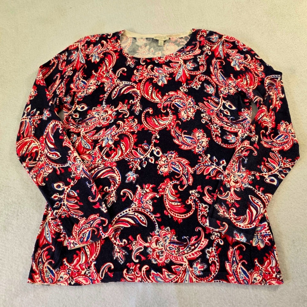 Talbots Womens Navy Red Paisley Long Sleeve Cotton Rayon Knit Top Size S